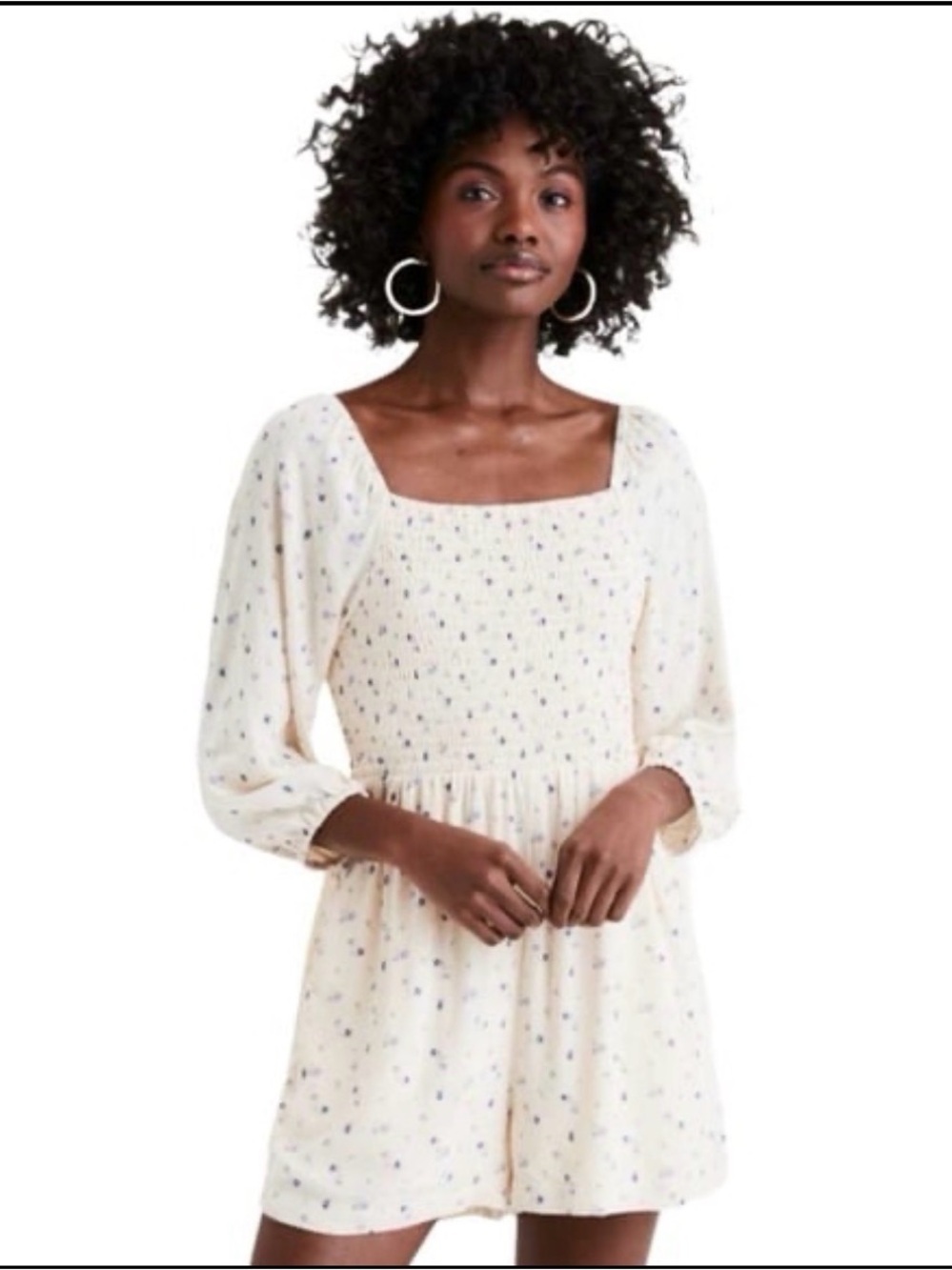American Eagle Ivory Floral Smocked Square-Neck Women's Shorts Romper